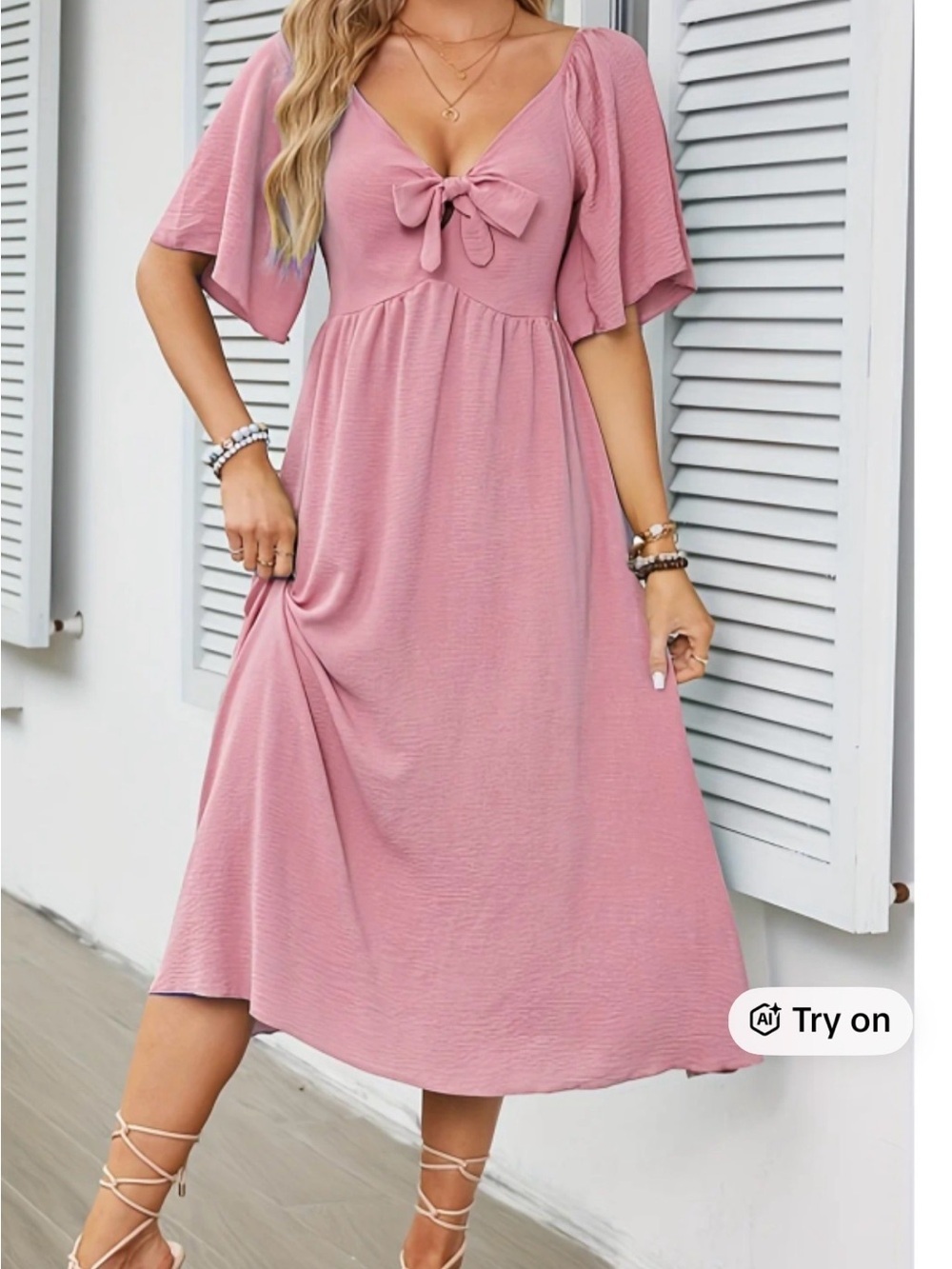 Flutter-Sleeve Tie-Front Midi Dress in Dusty Pink